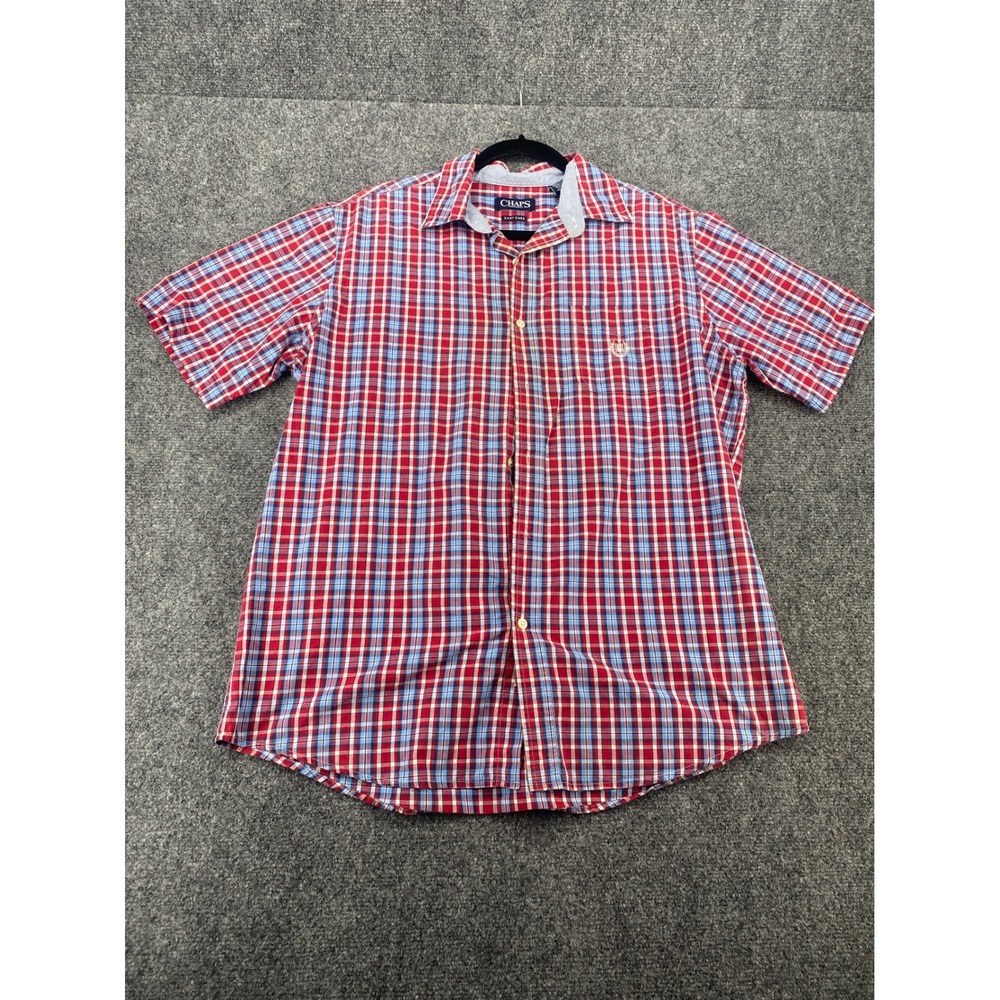 Chaps Easy Care Plaid Button Down Shirt Mens Large Red Blue Short Sleeve Casual